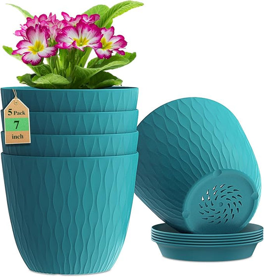 WSMKSZ 7 inch Flower Pots, 5 Pack Plant Pots with Drainage Holes and Saucers for Indoor Plants, Plastic Planters with Water Ripple for Small Garden House Plants, Nursery Pots for Succulent, Blue Green