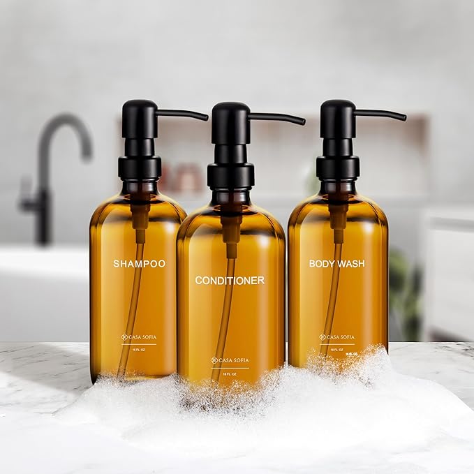 Amber Glass Shampoo and Conditioner Dispenser Set – Refillable 16 oz Pump Bottles with Concrete Tray – Luxury Bathroom Organization & Modern Shower Soap Dispensers