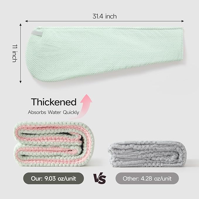REDKISS Microfiber Hair Towel Wrap for Women, Double Sided Hair Towels with Elastic Strap, Super Absorbent Quick Dry Hair Drying Towel for Long, Thick, Curly Hair, Anti-Frizz Turban (Grenn & Pink)
