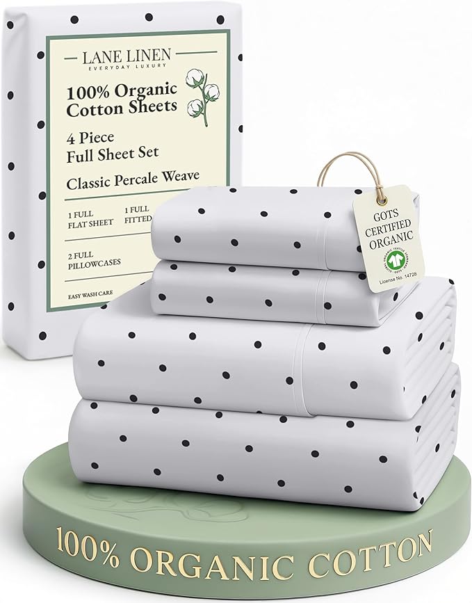 LANE LINEN 100% Organic Cotton Full Sheets Set, Percale Fully Elasticized Mercerized Soft & Comfy Machine Washable Printed Cotton Sheet Set, Eco Friendly Printed Full Size Bedding- Polka Dot