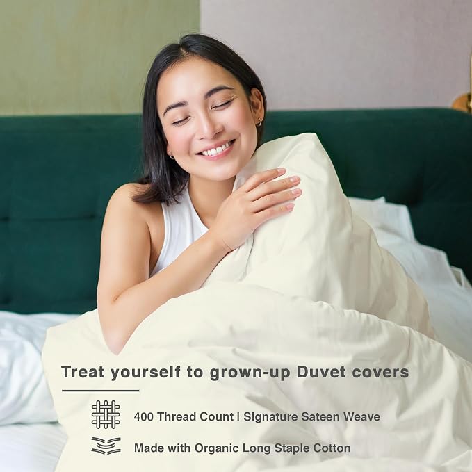 Fabdreams GOTS Certified 100% Organic Cotton Duvet Cover Queen Size - 400 TC Sateen - Soft - Silky - Button Closure - Edge Ties - 1 Duvet Cover (90"x92")+2 Pillow Shams (20"x26") - Ivory