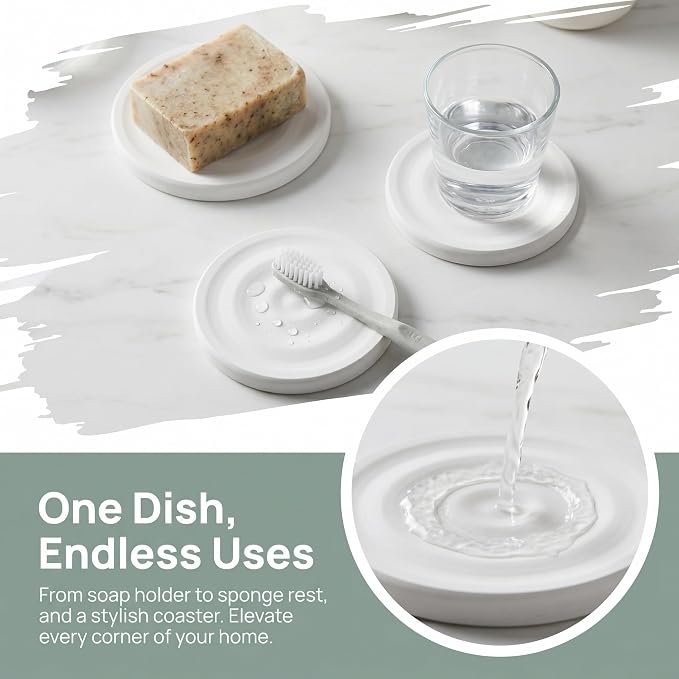 3pcs Diatomite Stone Round Soap Dish & Tray - 4'' Water Absorbing Soap Holder for Bathroom Kitchen Sink, Quick Dry Sponge Holder, White