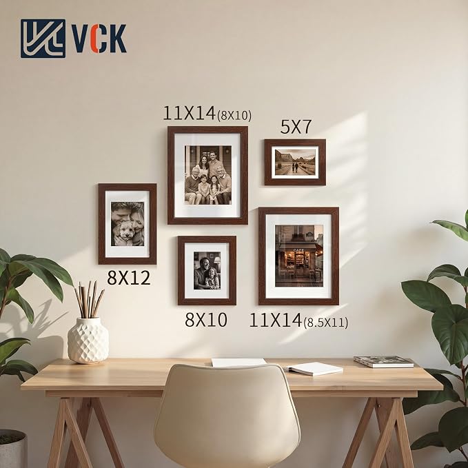 VCK 8x12 Picture Frames Brown - 3 Pack, Wide Border Wood, Tempered Glass, Display 6x8 Photo with Mat or 8 x 12 Without,for Home, Office, Gallery, Woodgrain Series, Tabletop & Wall Hanging
