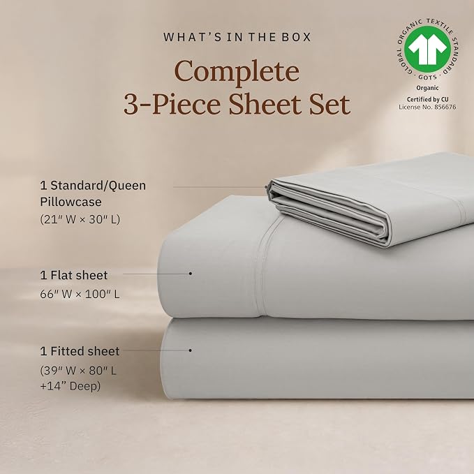 California Design Den XL Twin Sheets Set - 100% Organic Cotton Sheets, Soft and Lightweight Sateen, Deep Pockets, Durable Bedding - Light Grey