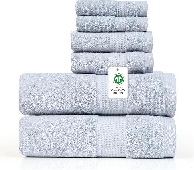 Farm to Home 100% Organic Bath Towel Set of 6 – GOTS & Oeko-TEX Certified Organic Cotton, Soft, Ultra Absorbent, Quick Dry - Includes 2 Bath Towels, 2 Hand Towels, 2 Washcloths - Sky