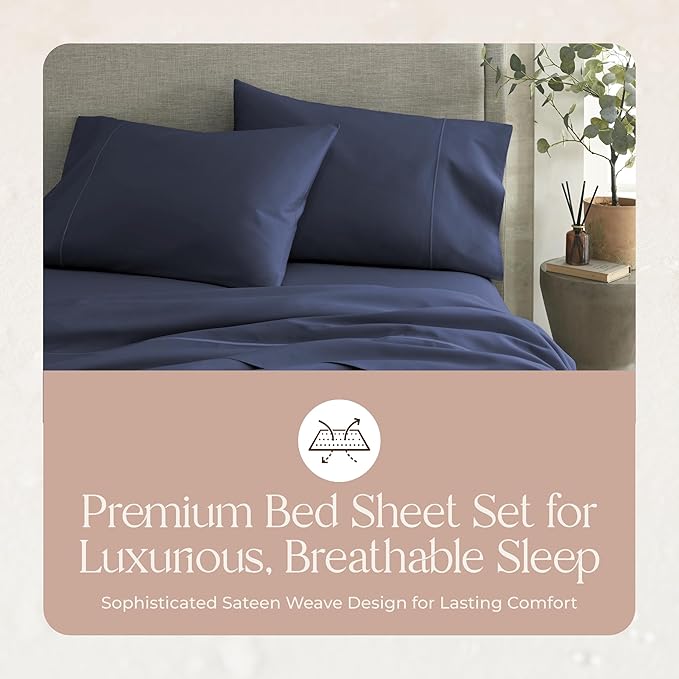 100% Organic Cotton Sheets King Size - GOTS Certified Organic Bed Sheets with Deep Pocket 300 Thread Count & Cozy Sateen Weave Gets Softer with Each Wash - Luxury 4 Piece Set (Navy, King)