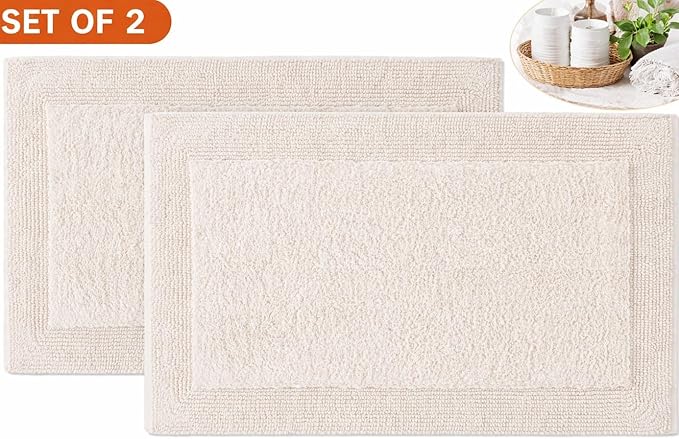 Bedding Craft Bathroom Bath Mat Rug – 100% Cotton, Reversible, Water Absorbent, Machine Washable, Soft Bathmat for Tub Side, Sets 2 Pieces (17x24+21x34) Beige
