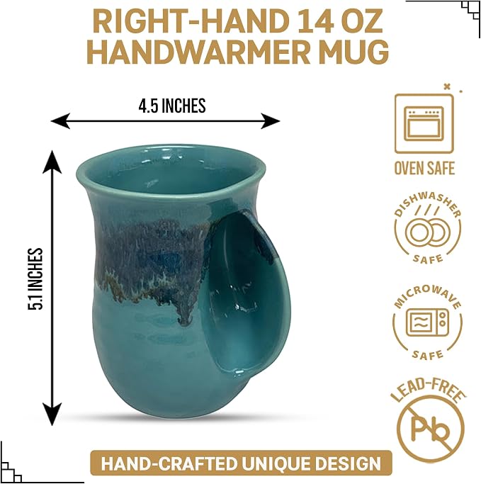 Clay in Motion Hand Warmer Coffee Mug – Handmade Coffee Mug With Comfortable Handle Contoured Pocket Hand Warming Ceramic Coffee Mug – Proudly Made in USA – Right Handed – 14 Oz - Raging Rapid