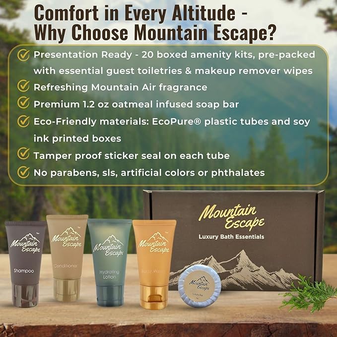 20 Display Ready Boxed Amenity Kits with Premium Hotel Toiletry Essentials - 1 oz Shampoo, Conditioner, Body Wash, Body Lotion, 1.2 oz Guest Soap & 2 Makeup Remover Wipes - Air bnb & Vacation Rentals