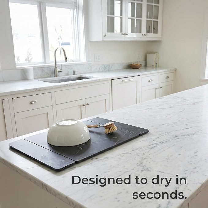 Selegna Stone Drying Mat for Kitchen Counter, Diatomite Stone Dish Drying Mat & Kitchen Sink Mat, Quick-Dry Diatomaceous Earth Counter Mat, Collapsible Tri-Panel Design