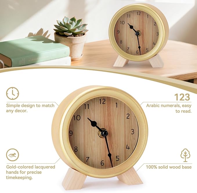 Maxspace Wooden Analog Clock, Small Silent Bedside Desk Clock Battery Operated, Elegant and Decorative Table Clock with Wooden Frame for Living Room, Bedroom, Bedside, Desk (Gold)
