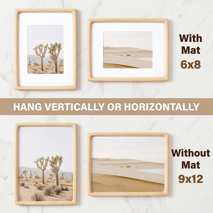 Fun Memories 9x12 Picture Frame, USA-Sourced Maple Wood Photo Frames with HD Tempered Glass, Handcrafted Rounded Corner 9 x 12 Wooden Frames Matted to 6x8 Photos, 9x12 Frame, Tabletop or Wall Display