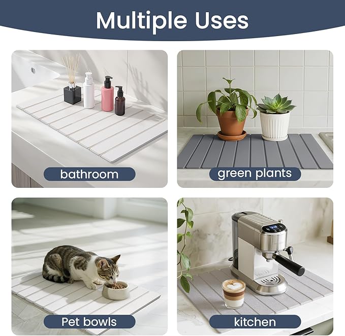 Meowoo Stone Drying Mat for Kitchen Counter, 15.7"x11.8" Foldable Diatomaceous Earth Mat, Super Absorbent, Quick-Dry Bath & Kitchen Pad for Dishes, Cups, Non-Slip, Fits Any Countertop - Dark Gray