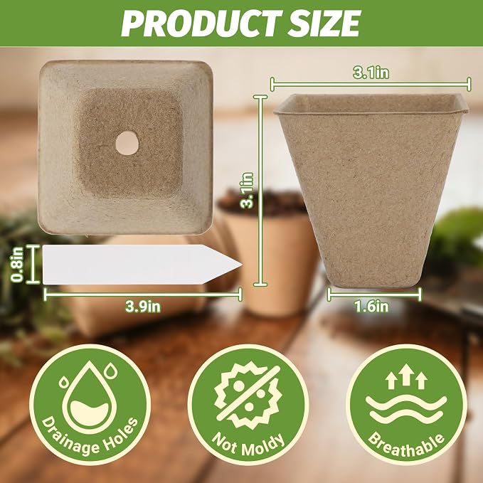 60Pcs 3.1 Inch Square Peat Pots - Nursery Pots with Drainage Holes for Seedlings - Biodegradable Seed Starting Pots with 60Pcs Plant Labels for Garden Plants