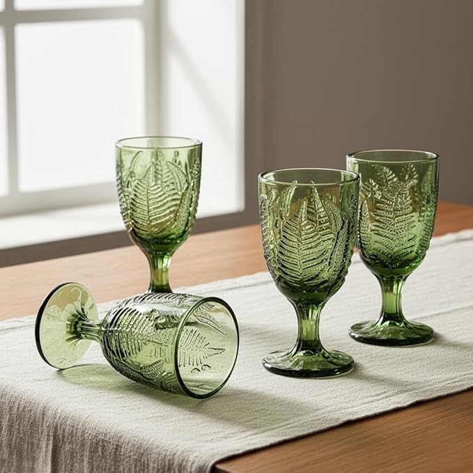 Green Glass Goblets Set of 4, 10 oz Hand-Pressed Vintage Glassware, Textured Fern Embossed Drinking Glasses, Boho Drinkware for Water, Cocktails, Mocktails, White & Red Wine, Antique Style Gift Set