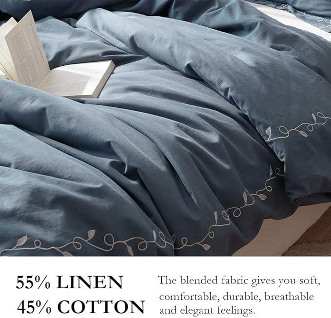 BISELINA French Linen Duvet Cover Set 3pcs Embroidered Willow Leaf 55% Flax 45% Cotton Blend Soft Breathable Luxury Bedding (King, Embroidery Navy Blue)