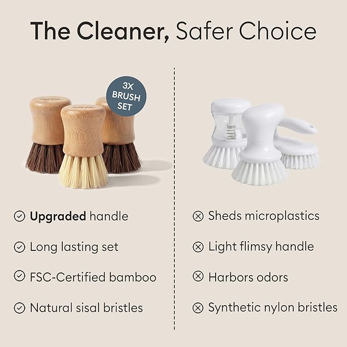 Vove Bamboo Dish Scrub Brush Set with Ceramic Holder, 3-Pack Plastic-Free Kitchen Brushes for Dishes Pots and Pans, FSC-Certified Bamboo with Natural Sisal Bristles, 1 Hard and 1 Medium Brush