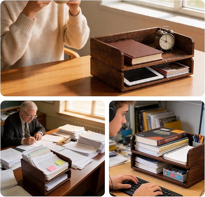Wooden Desk Organizer, 2-Tier Stackable Wood Inbox Tray for Office, Home & School