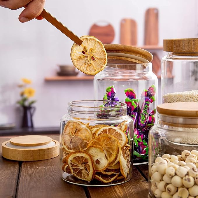 3 Pack 480 ml / 16 oz clear cute glass storage canister holder with airtight bamboo lid, modern decorative small container jar for coffee, spice, candy, salt, cookie, condiment, pepper, sugar