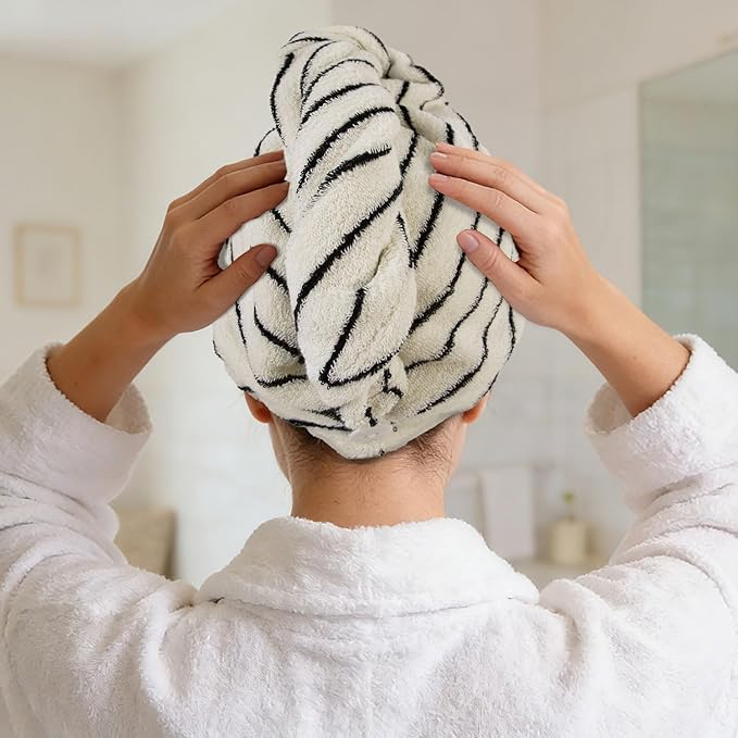 Jacquotha 2 Pack Cotton Hair Wrap Towels for Women (Black & White Striped) - Super Absorbent & Quick Dry Hair Turbans for Wet Curly Long Hair, 25” x 9.5”
