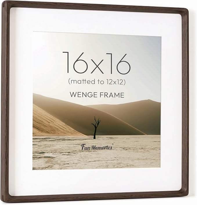 Fun Memories 16x16 Picture Frame, Natural Wenge Wood Photo Frame with HD Tempered Glass, Handcrafted Rounded Corner 16 x 16 Wooden Frame Matted to 12x12 Photos, 16x16 frame, Tabletop or Wall Display