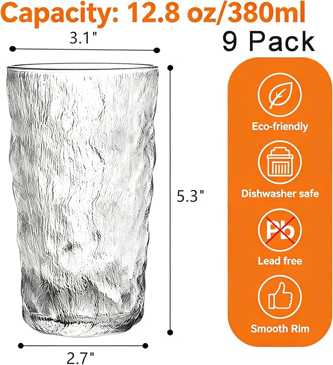 Frcctre 9 Pack Vintage Drinking Glasses, 13 oz Romantic Water Glasses Tumblers Hammered Glacier Beverage Tumblers Vintage Glassware Set for Beverages, Juice, Beer, Water, Cocktails, Whiskey