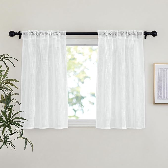 NICETOWN White Semi Sheer Kitchen Curtains 36 inch Length, Rod Pocket & Back Tab Faux Linen Blend Privacy with Light Filtering Window Drapes for Cafe, W34 x L36, 2 Panels