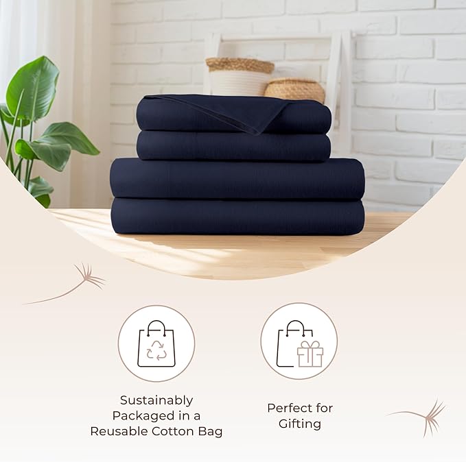 100% Organic Flannel Sheets King Size - GOTS Certified 100% Cotton Flannel Sheets Set with Comfortable Soft Brushed Finish & Deep Pocket - 1 Flat 1 Fitted & 2 Pillowcases (Navy, King)