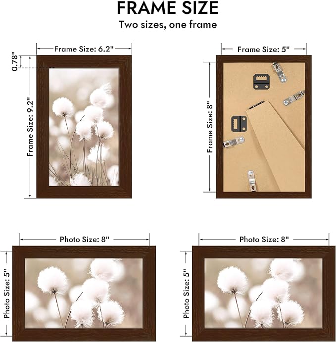 Hongkee 5x8 Oak Wood Picture Frame (1 Pack, Walnut) with Real Glass Cover | 5 x 8 Solid Wood Frame for Wall or Tabletop Display - Includes Easel Back, Vertical Hang - Ideal for Home, Office