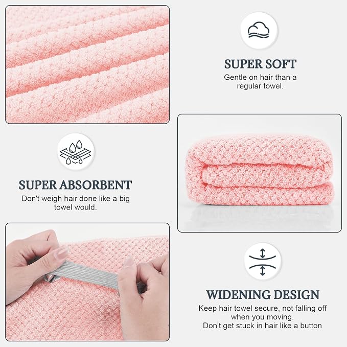 2 Pack Microfiber Hair Towel - 41 x 24 inches Super Soft, Absorbent, Fast Drying Without Frizz Hair Towel Wrap for Women Long, Thick, Curly Hair - Hair Turbans with Elastic Strap