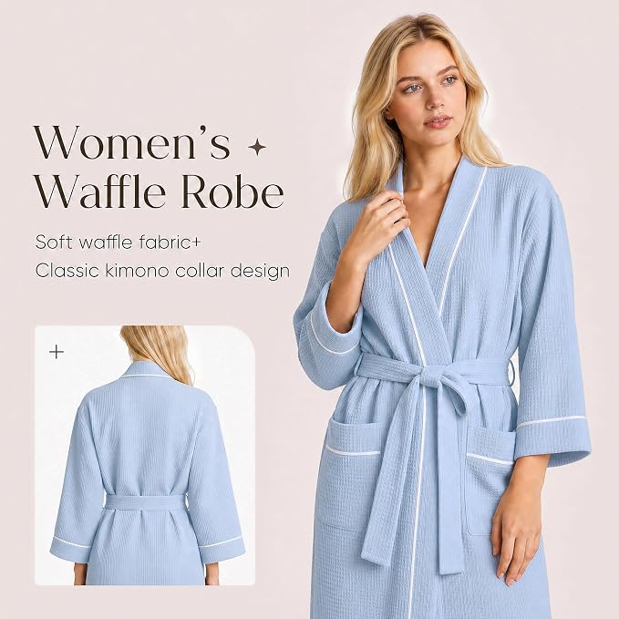 Inner Wish Women's Cotton Waffle Kimono Robe, Lightweight Quick Dry Spa Shower Robe with Pockets