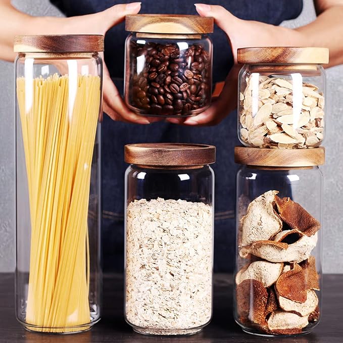 SAIOOL Set of 5 Kitchen Canisters,Thick, Stackable, Natural Style,Cookie, Rice and Spice Jars - Sugar or Flour Container - Big and Small Airtight Food Jar for Pantry