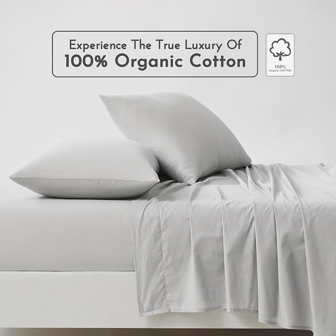 Linen Closet 100% Organic Cotton Queen Sheets Set, 4 Pieces, Light Grey - Percale Bed Sheets & Pillowcases Set - Up To 16" Deep Pocket Fitted Sheet - Cooling, Crisp & Breathable - For Hot Sleepers