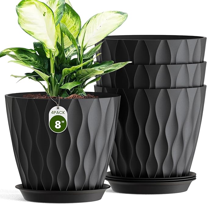 8 Inch Plant Pots 4 Pack Plastic Planters with Drainage & Saucers | 8 inch 4 pack plastic plant pots with 3D water ripple texture, drainage holes and saucers for indoor outdoor plants