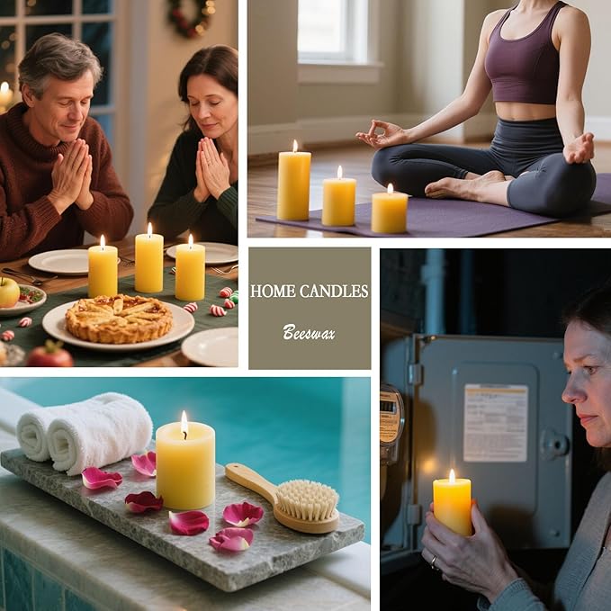 12 Pack Beeswax Pillar Candles, 420 Hours Long Burning Beeswax Candles,Unscented Bees Wax Candles Bulk for Home Paryer Party, Smokeless, Dripless
