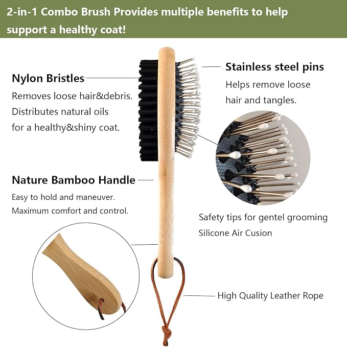 Double-Sided Pet Grooming Brush with Bamboo Handle, Slicker and Bristle Combo for Dogs and Cats