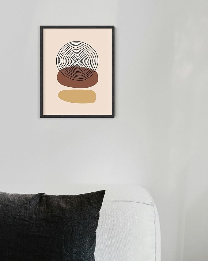Boho Abstract Wall Art Minimalist Stacked Stones Circles Earth Tones Terracotta Mid Century Modern 8x10 Inch Oak Wood Black Framed Zen Meditation Print for Living Room Office Decor