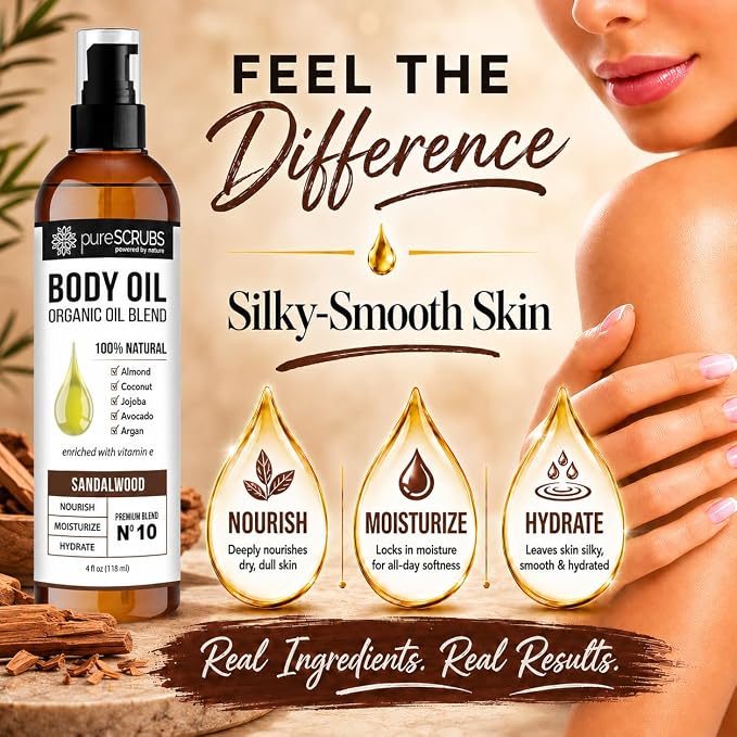 pureSCRUBS Ultra Moisturizing Sandalwood Body Oil for Dry Skin, 4oz | Luxurious After Shower Body Oil for Soft, Silky, Glowing Skin, Non-Greasy, Fast Absorbing & Hydrating Formula with Vitamin E
