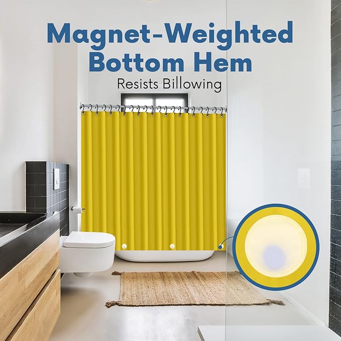 No Smell Shower Curtain Liner 72x72 Yellow - PEVA Plastic Shower Curtain for Bathroom, PVC-Free Waterproof Yellow Shower Liner with Metal Grommets and Magnet-Weighted Bottom Hem - Washable Liner