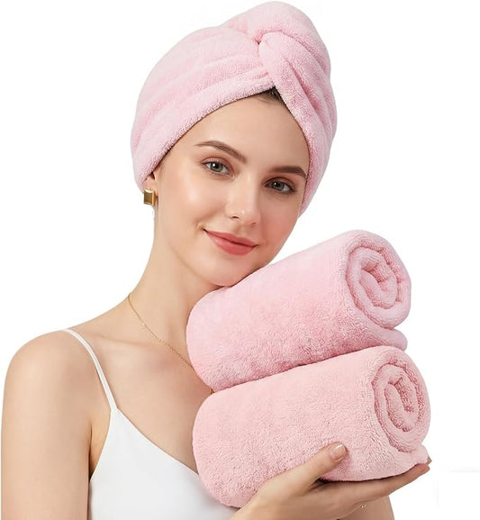 Mandydov 100% Cotton Hair Towel Wrap for Women, 2 Pack Thickened & Super Absorbent Turbans, Anti Frizz Quick Dry Hair Towels (Pink)
