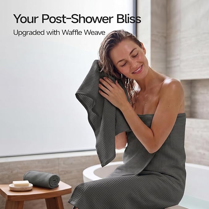 Ecolook 6-Piece Waffle Weave Towel Set, 100% Cotton, Lightweight, Absorbent & Quick-Drying, 2 Bath Towels (31×63 in), 2 Hand Towels, 2 Washcloths, Lint-Free for Bathroom, Pool, Gym, Travel - Dark Gaey