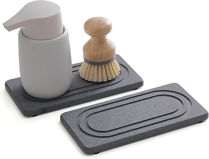 2PCS Water Absorbing Stone Tray for Sink, Quick Drying Diatomite Bathroom Tray Countertop, Stone Drying Mat for Kitchen Counter Faucet, Soap Dish Dispenser Vanity Organizer, Dark Gray-B-7.9" x 4"