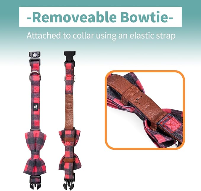 IVY&LANE Dog Collar with Bowtie and Leash Set | Plaid Adjustable Dog Collar | Detachable Bow Tie |5 FT Dog Leash | for Small Medium Large Dogs | Checkered Red | X-Small