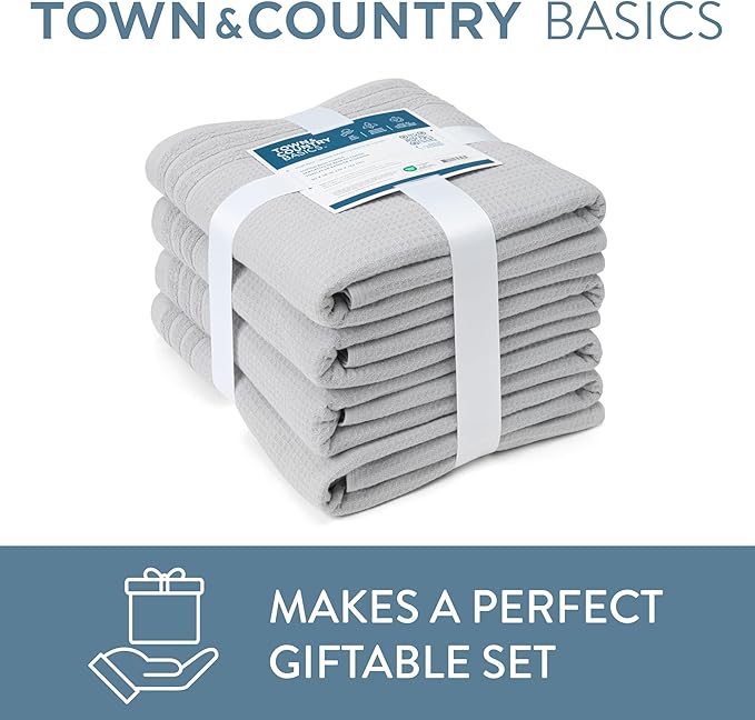 Town & Country Basics 4-Piece Waffle Woven Terry Stripe Bath Towel Set, 30x56-Inch, 100% Cotton, Quick Dry, Gray
