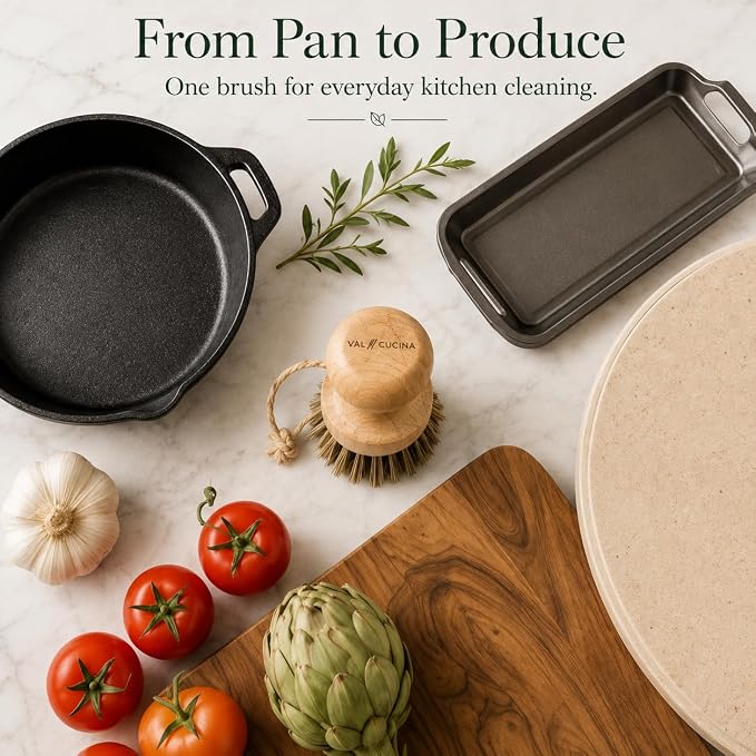 VAL CUCINA Natural Bamboo Dish Brush 2 PCS - Eco-Friendly Wooden Scrub Brush for Dishes, Pots, Pans and Cast Iron Skillet - Plant-Based Sisal & Coconut Bristles Kitchen Sink Scrubber