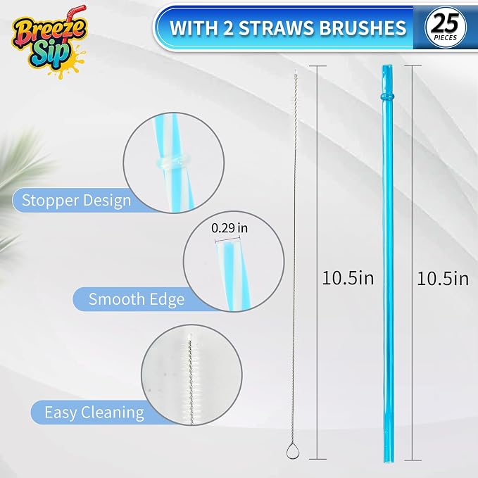 25 Pieces Reusable Plastic Straws with 2 Cleaning Brushes, BPA-Free 10.5" Long 0.29" Diameter, Colorful Drinking Straws for 16-32 oz Tumblers and Mason Jars, Travel Cups & Outdoor Use