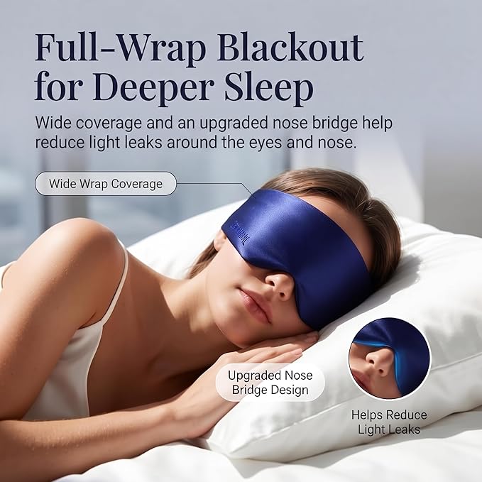 Silk Sleep Mask for Side Sleepers, Blackout Eye Mask for Sleeping Women Men, 100% 22 Momme Mulberry Silk, Full Coverage Face-Hugging Sleep Mask for Travel, Naps & Shift Workers, Blue