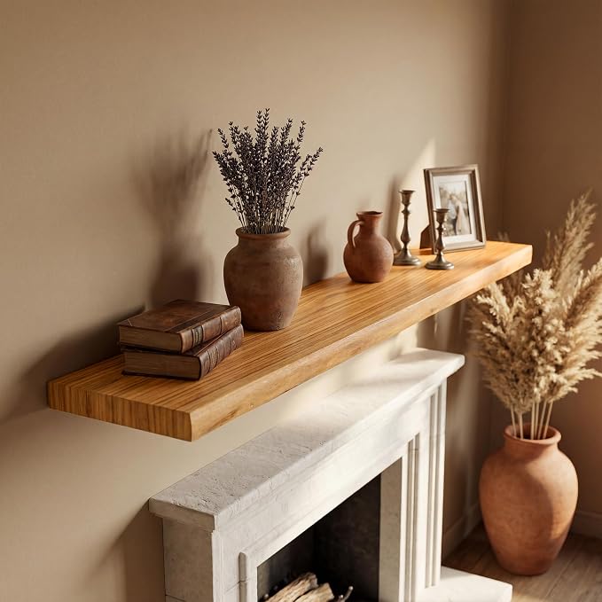 55" Live Edge Floating Shelf, Solid Elm Wood Wall Shelf | 1.4" Thick, 9.3" Deep, 50 lb Load Capacity, FSC Certified Solid Elm Display Shelf for Living Room, Bedroom, Kitchen & Office