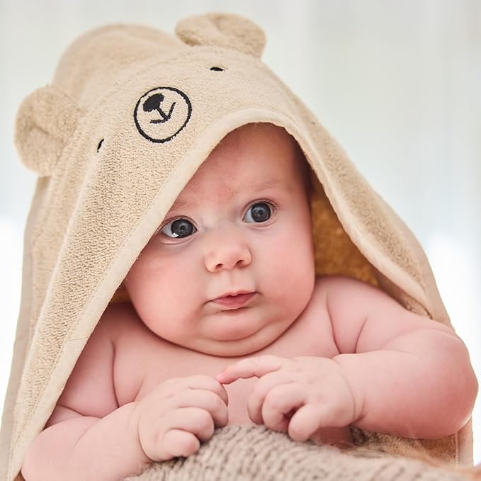 Hooded Baby Towels – 100% Organic Cotton Baby Bath Towels – Baby Boy and Girl Newborn Essentials - Super-Soft and Absorbent. (2-Pack Fog Bear and Roman Green Rabbit)