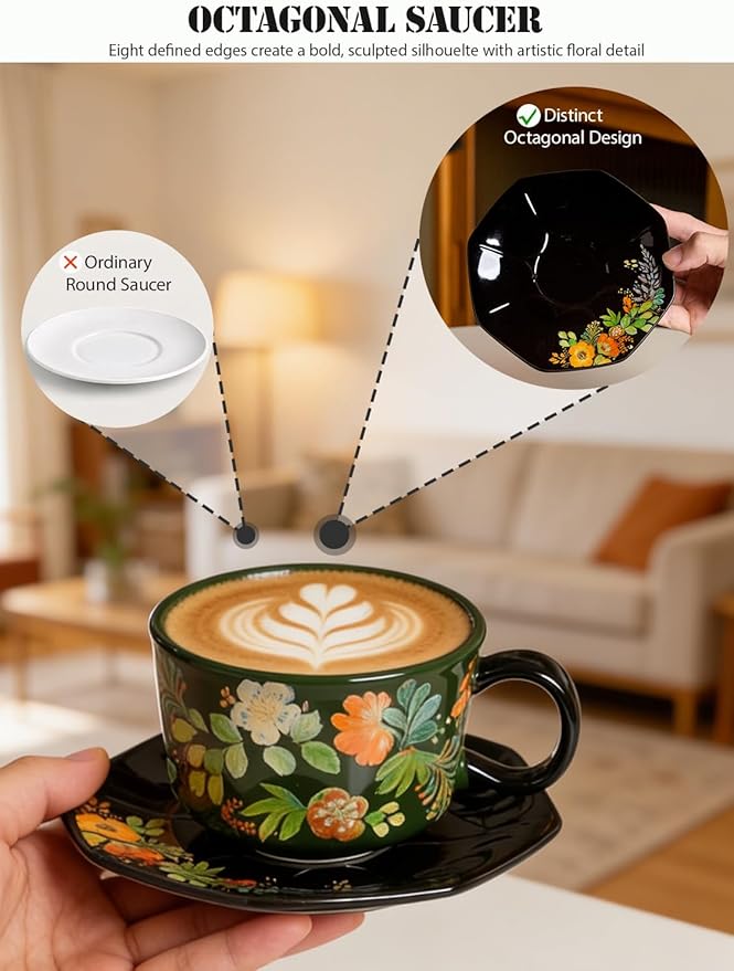 Green Floral Coffee Cup and Saucer Set, 9.5 oz (280ml) Ceramic Tea Cup with Saucer, Glossy Finish Botanical Mug for Espresso, Cappuccino, Latte, Home Kitchen, Office Gift